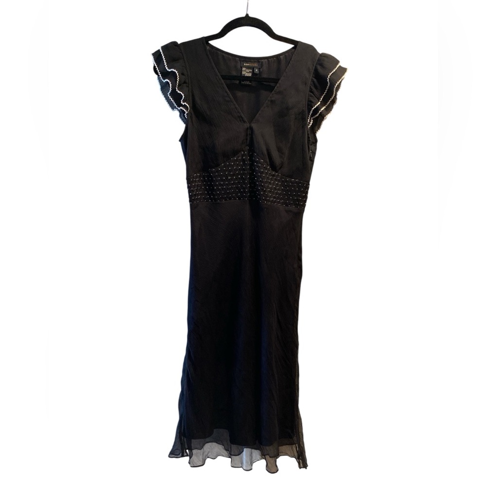 BCBGMaxAzria Black V-Neck Silk Dress w Ruffle Sleeves, lattice Swiss dots waist